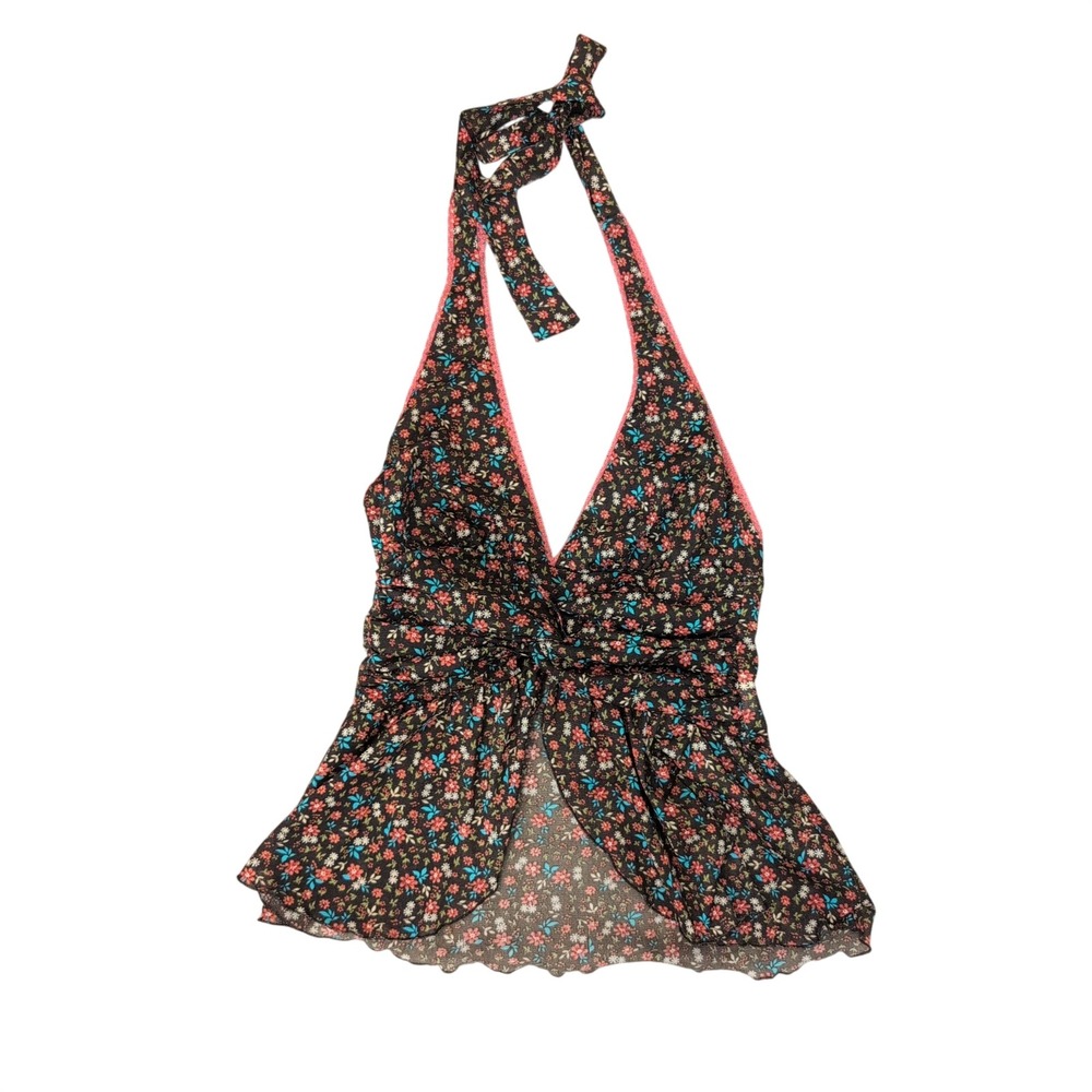 Candies‎ 90s Y2K Brown Halter Top Medium Pink Crochet Trim Mesh Coquette Fairy